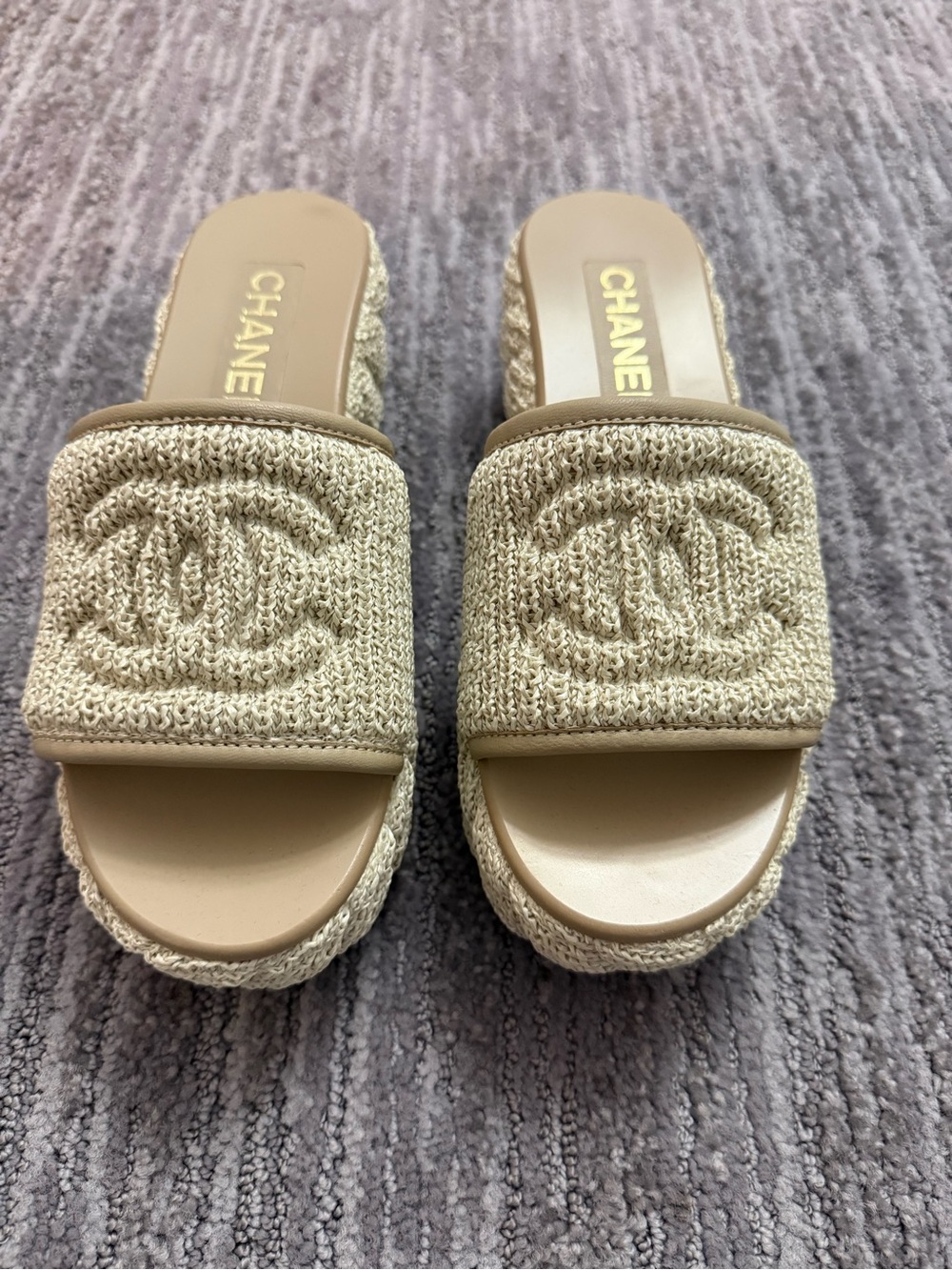 CHANEL Cream Woven Interlocking CC Logo Slide Mules